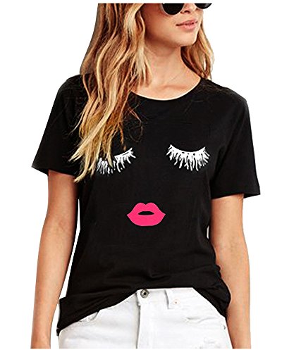 iMixCity Camiseta de Verano para Mujer Cute Labios Pestañas Impreso Manga Corta Tops Blusa Casual Señoras Camisetas de Algodón (4XL: 44/46, Negro)
