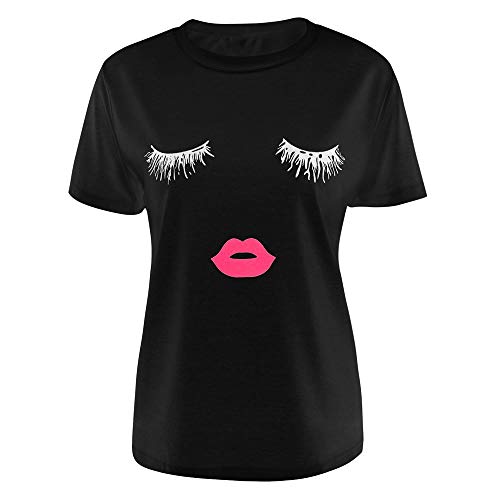 iMixCity Camiseta de Verano para Mujer Cute Labios Pestañas Impreso Manga Corta Tops Blusa Casual Señoras Camisetas de Algodón (4XL: 44/46, Negro)