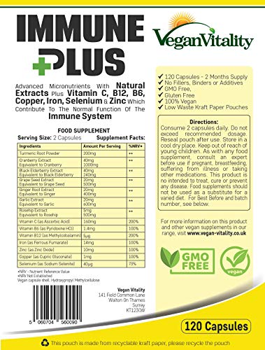 Immune Plus - Vitaminas Defensas - Mejora el Sistema Inmunitario con 14 Vitaminas y Extractos Naturales, Vitamina C, Zinc, Cúrcuma, Selenio, Jengibre, Arándano, Saúco, Ajo, Vitamina B12 y Vitamina B6