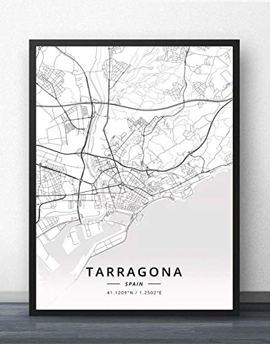 Impresión De Lienzo,España Tarragona Mapa De La Ciudad Arte Mural Simple Cartel Blanco Negro Pop Pintura Minimalista Modular Living Office Cultura Personalizada Tinta Decoración Del Espacio, 40Cm