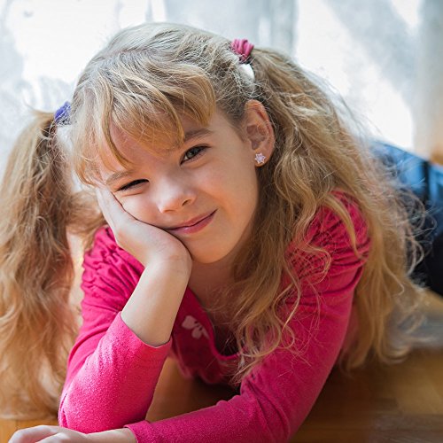 In Season Jewelry - Chapado en Rodio Cristal Rosa y Claro Aretes de Flor con Cierre de Rosca para Niñas 5mm