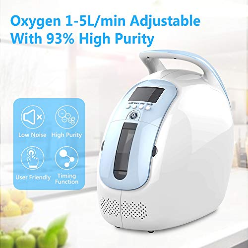 InLoveArts Concentrador de oxígeno Portatil 1-5 L/min Generador de oxígeno ajustable 93% Concentrador de oxígeno, portátil de alta purezacon función de temporización, 24 horas de trabajo continuo