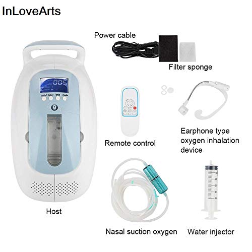 InLoveArts Concentrador de oxígeno Portatil 1-5 L/min Generador de oxígeno ajustable 93% Concentrador de oxígeno, portátil de alta purezacon función de temporización, 24 horas de trabajo continuo