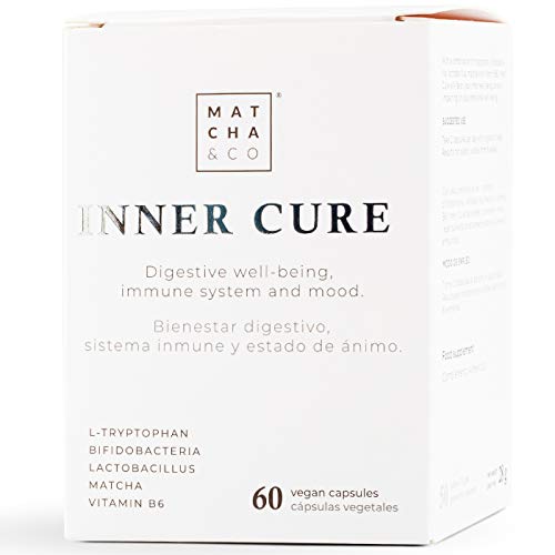 Inner Cure Probióticos 50 mil millones de UFC | 5 cepas de probióticos | Prebióticos con triptófano y matcha | Mejora defensas, flora intestinal y ánimo - 60 cápsulas