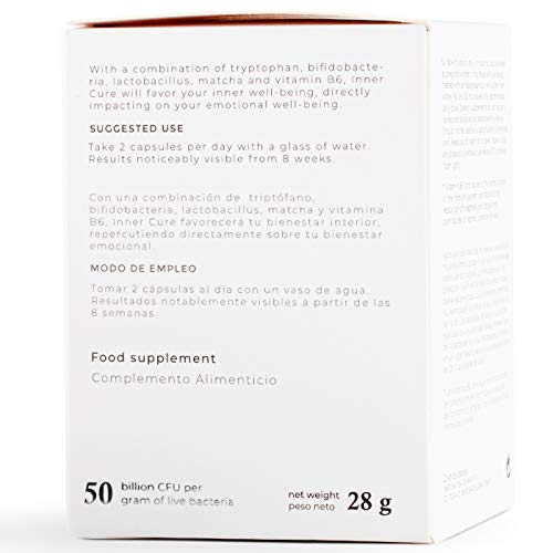 Inner Cure Probióticos 50 mil millones de UFC | 5 cepas de probióticos | Prebióticos con triptófano y matcha | Mejora defensas, flora intestinal y ánimo - 60 cápsulas
