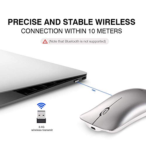 INPHIC Ratón inalámbrico, Slim Silent Click Recargable 2.4G Ratones inalámbricos 1600DPI Mini óptico portátil de Viaje Wireless Mouse para PC Ordenador portátil Mac, Plata