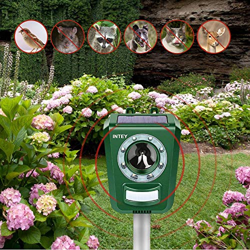 INTEY Ahuyentador de gatos repelente de animales ultrasónico, Disuasivo de miedo de perro, zorro y gato impermeable al aire libre, con altavoz para granja de jardín