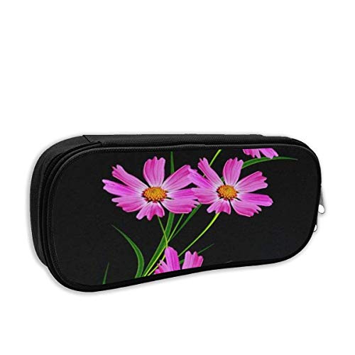 IOPLK Lindo estuche de lona para lápices, estuche para lápices portátil con compartimentos para niñas adolescentes (Cosmos Flowers en negro, hermosa flor de primavera)