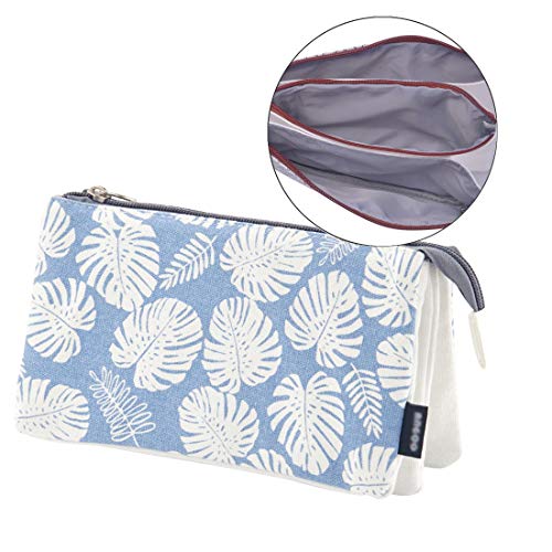 iSuperb Estuche Muje Estuche Escolar Niña Lápices Estuches Tres Pisos Bolso de Cosméticos Pencil Case (Blue Leaf)