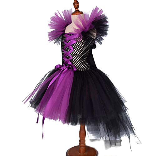 IWEMEK Disfraz de Malefica Niñas Reina Malvada Bruja Maleficent Costume Tutu Vestido con Diadema de Cuernos Alas de Angel Halloween Fancy Dress Cosplay Fiesta Carnaval Disfraces 02 3-4 Años