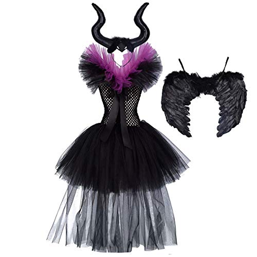 IWEMEK Disfraz de Malefica Niñas Reina Malvada Bruja Maleficent Costume Tutu Vestido con Diadema de Cuernos Alas de Angel Halloween Fancy Dress Cosplay Fiesta Carnaval Disfraces 02 3-4 Años