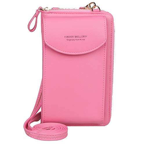 Jangostor Mujer Bolso para teléfono móvil Bolso bandolera Monedero Mini Bolso cruzado de cuero ligero para teléfono móvil con ranuras para tarjeta de correa (Rose)