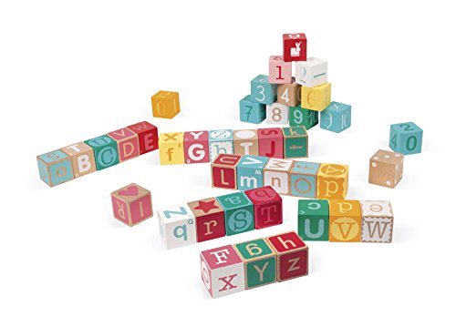 Janod - Kubix, 40 Cubos de madera, Letras + Números (J08077)