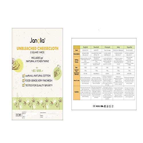 Janolia Muselina Cocina, Tela Filtrante para Leche, 4.18m², Grado 50, Bolsa de Leche de Nuez, Estambre con 15,2m Hilo de Cocina, Tela de Queso Tejido de Algodón Natural, para Mantequilla, Leche