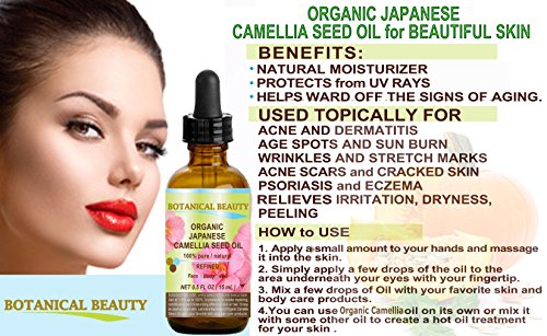 Japanese ORGANIC CAMELLIA SEED OIL. 100% Pure / Natural / Undiluted / Refined / Cold Pressed Carrier Oil. Rich Antioxidant To Revitalize And Rejuvenate The Hair, Skin And Nails. 0.5 Fl.oz-15ml. By Botanical Beauty