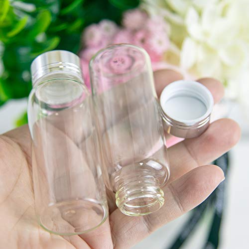 Jarvials 12pcs Botellas de Vidrio Transparente de 25ml con Cubierta de Aluminio Plateado, Botellas de Vidrio Mini Botella Decorativa de Perfume Líquido Frascos de Vidrio Vacíos al por Mayor