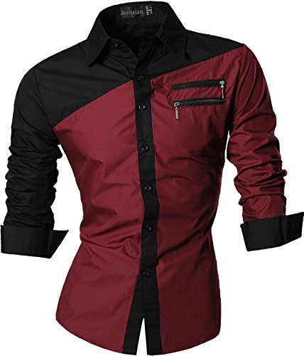 jeansian De Manga Larga De Los Hombres De Moda Slim Fit Camisas Men Fashion Shirts Z015 Winered L