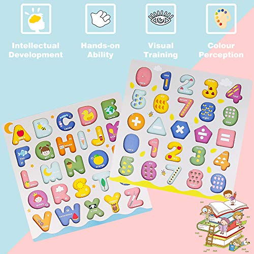 jerryvon Juguetes Montessori Puzzles de Madera Juguete Puzzle Numeros y Letras Abecedario Rompecabezas Infantil ABC Puzzle de Aprendizaje Educativos Regalos para Niños Niñas 3 4 5 6 Años