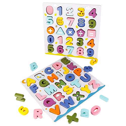 jerryvon Juguetes Montessori Puzzles de Madera Juguete Puzzle Numeros y Letras Abecedario Rompecabezas Infantil ABC Puzzle de Aprendizaje Educativos Regalos para Niños Niñas 3 4 5 6 Años