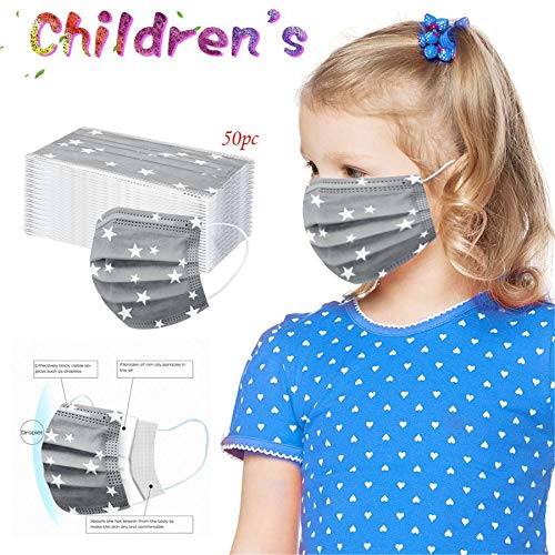 jfhrfged Niños Protección Desechable 3 Capas Transpirable A Prueba de Polvo Estampado de Estrellas con Aretes Elásticos Paquete 20/30/50/100 Unidades, Apto para Niños de 3 a 12 Años (50PC, Multicolor)
