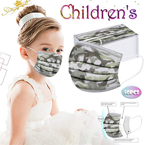 jfhrfged Niños Protección Desechable 3 Capas Transpirable Estampado Camuflaje Antipolvo con Pendientes Elásticos Pack 50 Unidades (Multicolor)