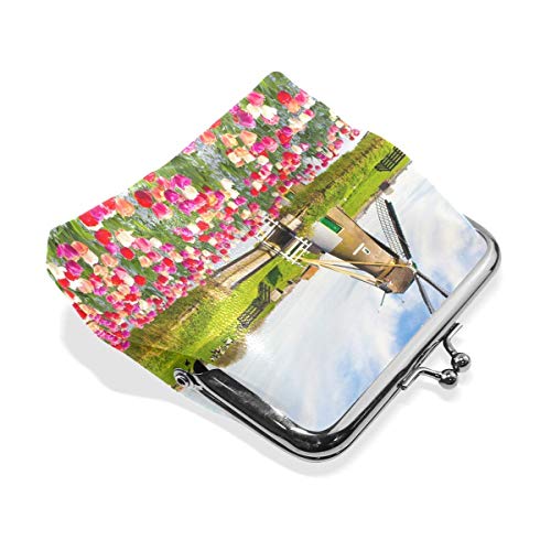 JHGFG Estuche de Cuero Monedero Monedero Molino de Viento Tulipanes Cambio Monedero para niña