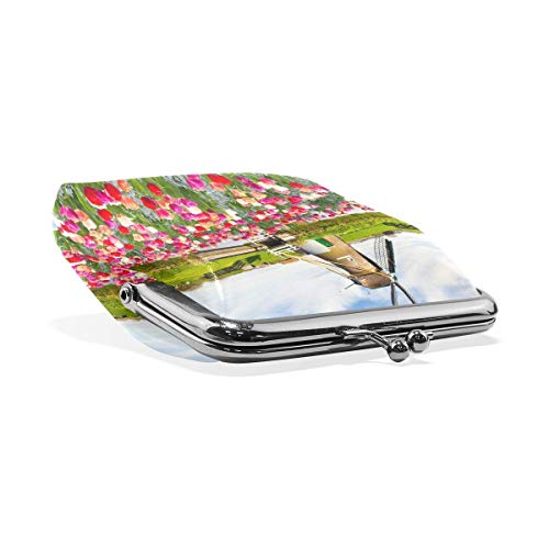 JHGFG Estuche de Cuero Monedero Monedero Molino de Viento Tulipanes Cambio Monedero para niña