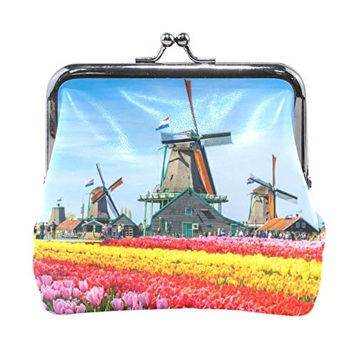 JHGFG Estuche de Cuero Monedero Monedero Monedero holandés Molino de Viento Tulipanes Cambio para niña