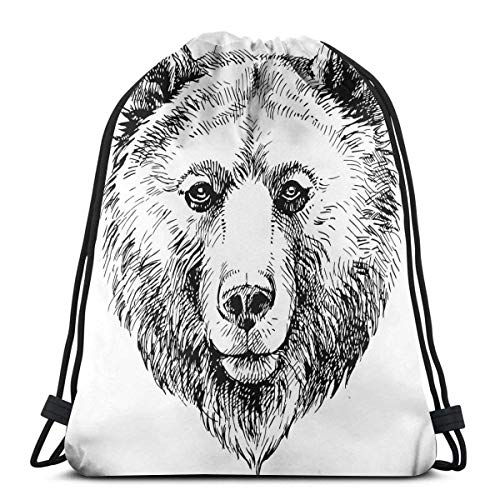 JHUIK Drawstring Bag Backpack,Mochilas con cordón Impresas Mochilas, Bosquejo a Mano Oso Grizzly Fauna Mamífero Tinta Dibujo Figura Naturaleza Tema Obra, Cierre de Cuerda Ajustable