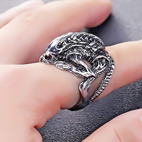 JIANGYA Punk Ring Alien Warrior Anillos Cool Jewelry Animal Skull Biker Ring para Hombres Y Mujeres Ropa De Calle, Placa De Plata Antigua