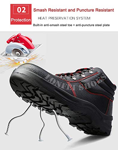 JIEFU Zapatos de Seguridad Ligeros Botas de Trabajo con Puntera de Acero de Compuesto y Suela Anti-Piercing Zapatos de Trabajo Industrial de Cuero de PU Transpirables para Hombres y Mujeres,Negro,41