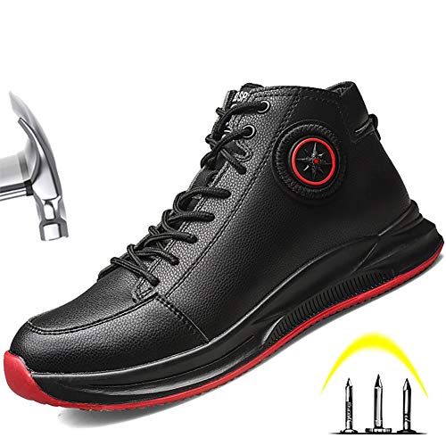 JIEFU Zapatos de Seguridad para Hombres, Botas de Trabajo Transpirables Ligeros con Puntera de Acero de Compuesto Anti-Rotura y Suela de Kevlar Anti-Piercing Zapatos de Deporte de Cuero PU,Negro,37