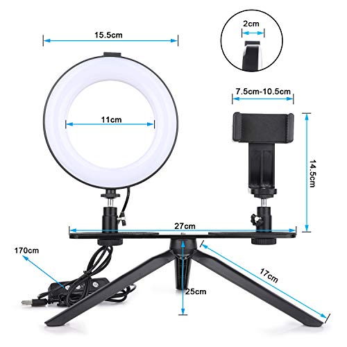 JIM'S STORE Soporte Luz para Movil 6 Pulgadas Regulable con Trípode，3 Modos de Luz 3200k-6500k 10 Niveles de Brillo para Youtube Maquillaje Selfie Transmisión en Vivo Grabación de vídeo