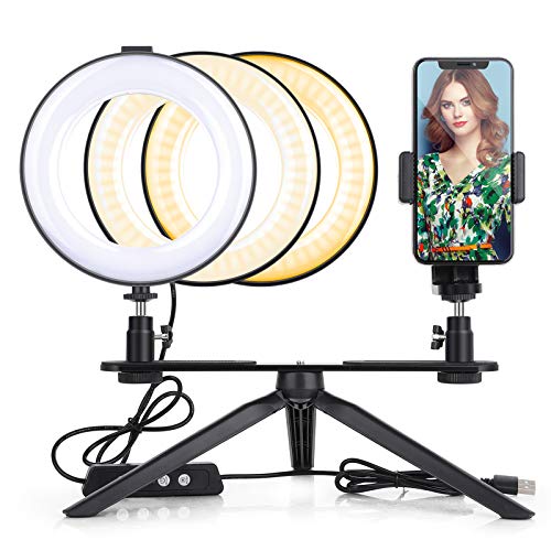 JIM'S STORE Soporte Luz para Movil 6 Pulgadas Regulable con Trípode，3 Modos de Luz 3200k-6500k 10 Niveles de Brillo para Youtube Maquillaje Selfie Transmisión en Vivo Grabación de vídeo