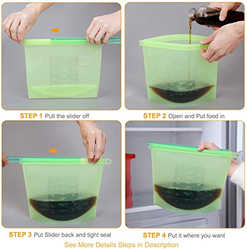 JINYJIA Bolsas de Almacenamiento de Alimentos, 4 Paquetes de Bolsas Reutilizables de Silicona, 1000 ML, Sin BPA, Bolsa de Almuerzo Higiénica a Prueba de Fugas (4 Paquetes, 1 Litro)