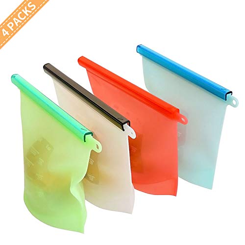 JINYJIA Bolsas de Almacenamiento de Alimentos, 4 Paquetes de Bolsas Reutilizables de Silicona, 1000 ML, Sin BPA, Bolsa de Almuerzo Higiénica a Prueba de Fugas (4 Paquetes, 1 Litro)