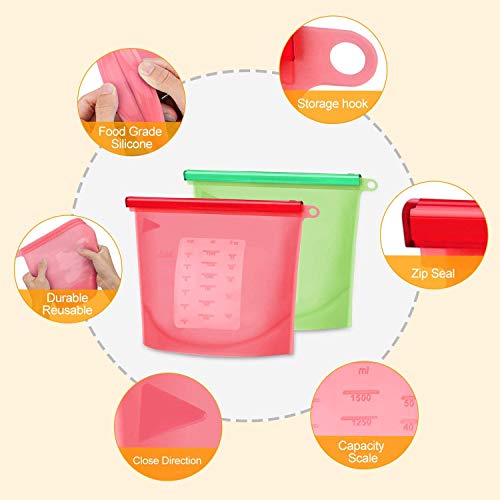 JINYJIA Bolsas de Almacenamiento de Alimentos, 4 Paquetes de Bolsas Reutilizables de Silicona, 1000 ML, Sin BPA, Bolsa de Almuerzo Higiénica a Prueba de Fugas (4 Paquetes, 1 Litro)