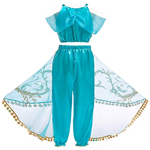 JK Disfraz de Princesa Jasmine con Lentejuelas para niñas, Vestido de Princesa Aladdin Jasmine para Fiesta de Halloween para niños (110cm)