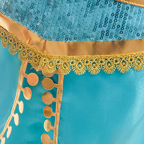 JK Disfraz de Princesa Jasmine con Lentejuelas para niñas, Vestido de Princesa Aladdin Jasmine para Fiesta de Halloween para niños (110cm)