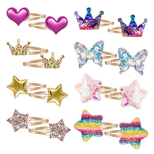 Jolintek Clips de Pelo para Niña Bebé, 16 Piezas Pinzas de Pelo Diseño de Estrellas del Arco Iris y Corazón Pelo Horquillas Lentejuelas Arco Barrettes Horquillas Pelo Accesorios Cabello para Niñas