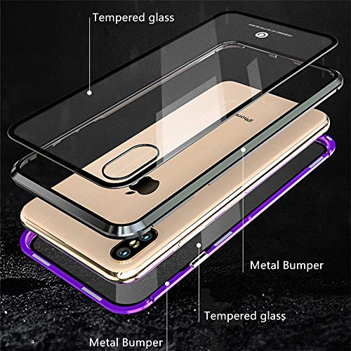 Jonwelsy Funda para iPhone XS MAX (6,5 Pulgada), 360 Grados Delantera y Trasera de Transparente Vidrio Templado Case Cover, Fuerte Tecnología de Adsorción Magnética Metal Bumper Cubierta