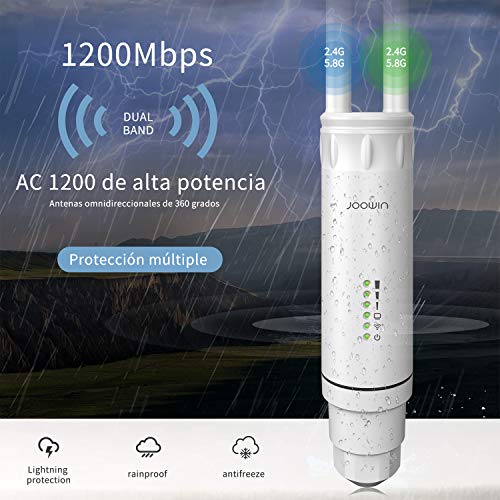 JOOWIN AC1200, Punto de Acceso inalámbrico Exterior, Doble Banda 802.11AC, 2.4GHz 300Mbps 5.8GHz 867Mbps Impermeable/Repetidor/Ap Mode/Router，PoE de Suministro Eléctrico Sin Zona Muerta WiFi