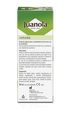 JUANOLA Jarabe Tos Adultos - Producto sanitario con llantén menor, altea, própolis y miel de flores - Tos seca o productiva - 150 ml