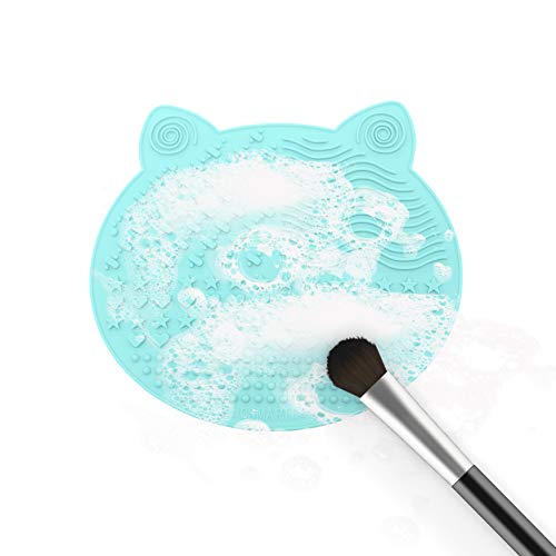 Juego de 2 alfombrillas de limpieza para brochas de maquillaje, diseño de gato con forma de animal de silicona, portátil, cepillo limpiador de cepillo con ventosas (verde + rosa)