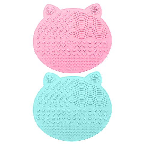 Juego de 2 alfombrillas de limpieza para brochas de maquillaje, diseño de gato con forma de animal de silicona, portátil, cepillo limpiador de cepillo con ventosas (verde + rosa)