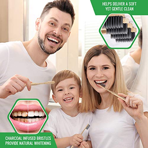 Juego de 4 cepillos de dientes de bambú biodegradables con cerdas flexibles reciclables impregnados con carbón vegetal activado. Regalo orgánico y ecológico + Ebook"mi cepillo de dientes de bambu"