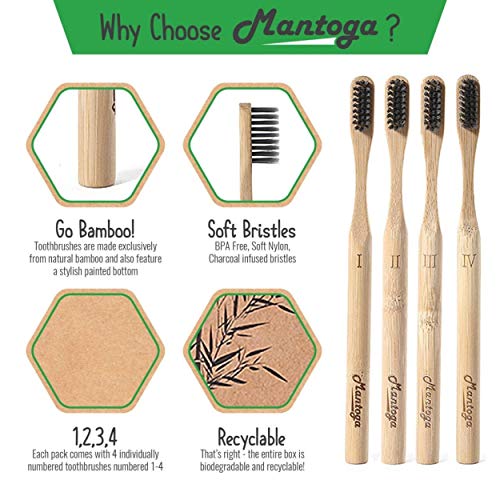 Juego de 4 cepillos de dientes de bambú biodegradables con cerdas flexibles reciclables impregnados con carbón vegetal activado. Regalo orgánico y ecológico + Ebook"mi cepillo de dientes de bambu"