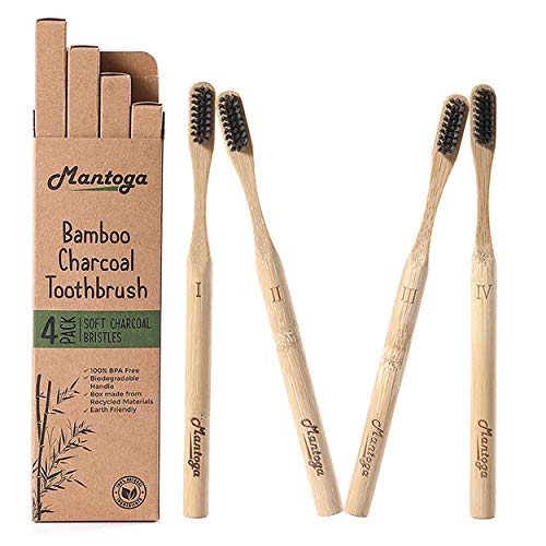 Juego de 4 cepillos de dientes de bambú biodegradables con cerdas flexibles reciclables impregnados con carbón vegetal activado. Regalo orgánico y ecológico + Ebook"mi cepillo de dientes de bambu"