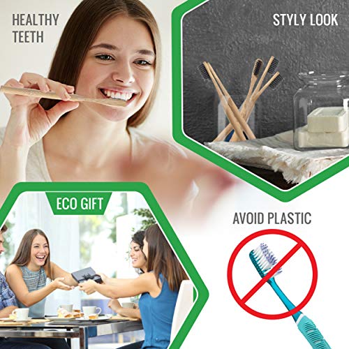 Juego de 4 cepillos de dientes de bambú biodegradables con cerdas flexibles reciclables impregnados con carbón vegetal activado. Regalo orgánico y ecológico + Ebook"mi cepillo de dientes de bambu"