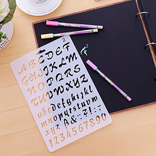 Juego de 4 plantillas de dibujo de alfabeto con varios estilos de plástico, números y letras, para manualidades, diario, álbumes de fotos, álbumes de recortes, agendas, proyectos de arte